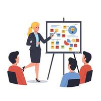 Business presentation with a woman explaining concepts in a minimal illustration vector