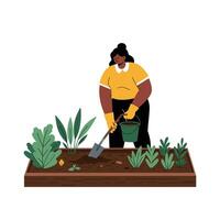 Gardener tending to plants in raised bed with minimal design style illustration vector