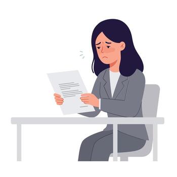 mujer sentado a escritorio demostración preocupación mientras leyendo un documento en plano Arte vector