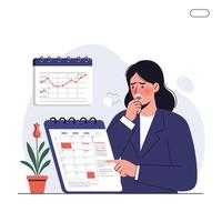 Businesswoman analyzing data with calendar and chart in minimal illustration vector