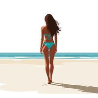 Woman walking on the beach in a flat minimal style art vector