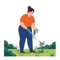 Gardener using shears to trim plants in minimal illustration vector
