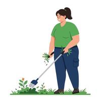 Woman tending to garden with rake in flat minimal illustration vector