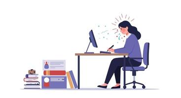 Woman working at desk with computer in flat art style vector