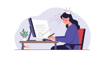 Frustrated woman at computer with stress lines in flat art vector