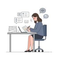 Woman working at desk with computer in flat minimalist illustration vector