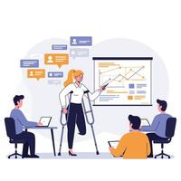 Businesswoman presenting data analysis in flat illustration style with charts and audience engagement art vector