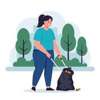 Woman collecting trash in a park with trees in flat illustration vector