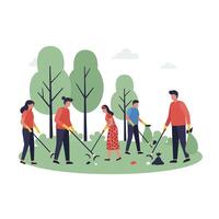 Group of people participating in community clean-up event with minimal art vector