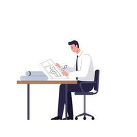 Architect reviewing blueprints at desk in minimal flat illustration vector