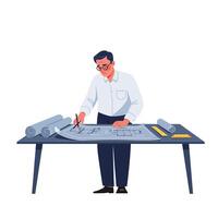 Architect drawing blueprints at desk in flat illustration vector