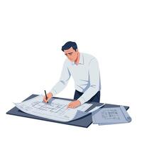 Architect reviewing detailed blueprints in flat design art vector