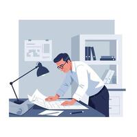 Professional man analyzing blueprints in a minimal workspace illustration vector