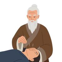 Acupuncture treatment scene with practitioner and patient in minimal flat art vector