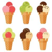 Ice cream cones with various flavors in flat design illustration vector