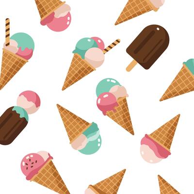 Ice cream cones with various flavors in a flat, colorful, whimsical style illustration