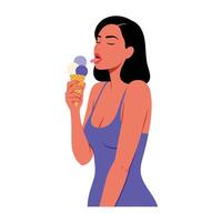 Woman enjoying ice cream in minimal flat style art vector