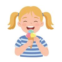 Happy girl enjoying colorful ice cream cone in flat art vector