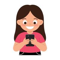 Happy girl using smartphone in flat design illustration vector