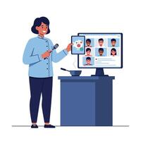 Chef presenting digital recipe on tablet with computer screen in flat illustration vector