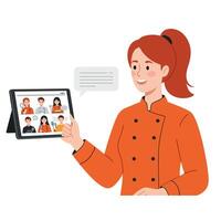 Chef character engaging with tablet displaying diverse cooking participants in flat illustration vector