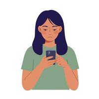 Person holding smartphone with neutral expression in flat art style vector