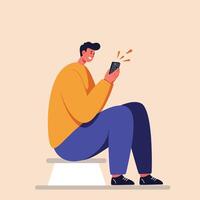 Man sitting on a stool using a smartphone in minimal flat art vector