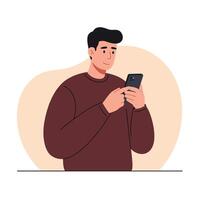 Young man using smartphone in minimal style illustration vector