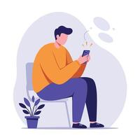 Man sitting on a chair using a smartphone in flat minimal art vector