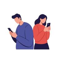 Couple using smartphones in a modern, flat design illustration vector