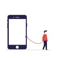 Person walking away from smartphone with a connection line in flat art vector
