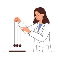 Scientist demonstrating Newtons Cradle with three balls in flat art style vector