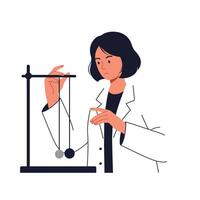 Scientist conducting an experiment with pendulum motion in flat illustration vector