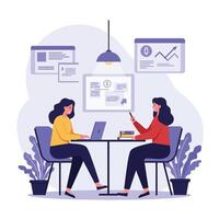 Two women collaborating at a table with digital devices in flat art vector