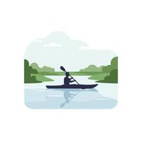 Kayaking on a serene river with lush greenery in flat art vector