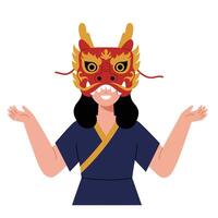 Person wearing colorful dragon mask in flat style art vector