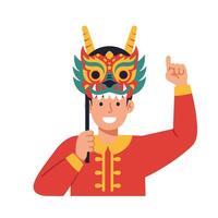 Person holding colorful dragon mask in traditional attire with flat art style illustration vector