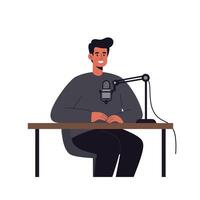 Person sitting at a desk with a microphone in a flat illustration vector