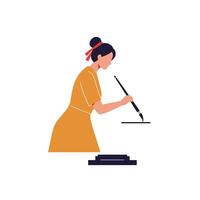 Woman using brush to create art in minimal style illustration vector