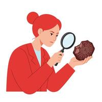 Woman examining fossil with magnifying glass in flat art style vector