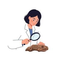 Scientist examining fossil with magnifying glass in flat illustration vector