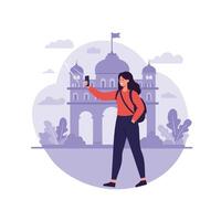 Woman taking selfie in front of famous landmark in flat art vector