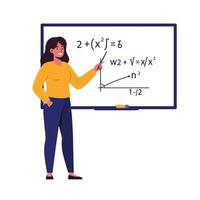 Teacher presenting math equations in a classroom setting using flat art illustration vector