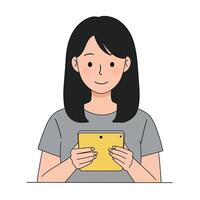 Woman using tablet in minimal flat design illustration vector