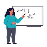 Teacher explaining mathematical concepts using a board in flat illustration vector