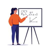 Teacher explaining math concepts on a board in minimal illustration style vector