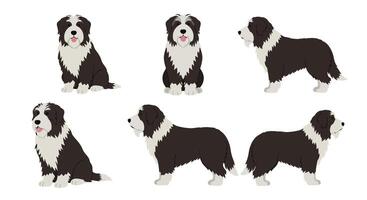 Detailed illustration of a playful dog character in various poses and angles in flat style art vector