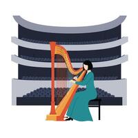 Musician playing harp in concert hall with minimal design art vector