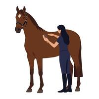 Horse grooming scene with a person using a brush in flat art vector