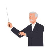 Conductor leading orchestra with baton in flat minimal illustration vector